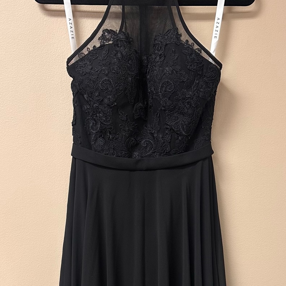 Azazie Black Halter Lace Prom Dress | Floor Length Formal Gown Sz0
